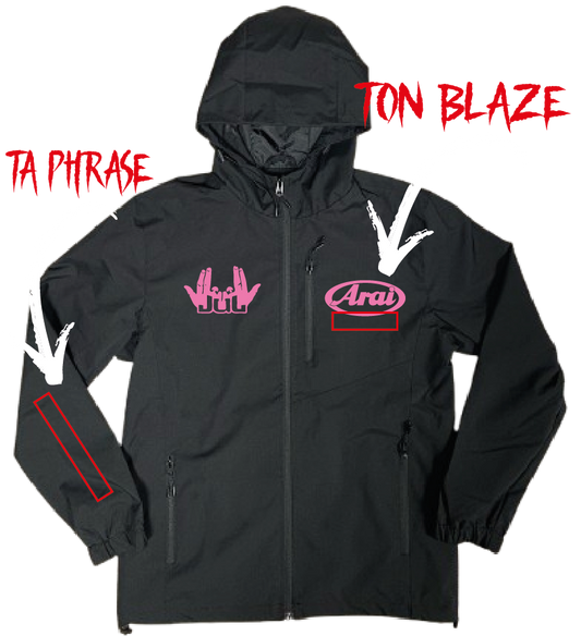 VESTE NOIRE YAMAHA ROSE X JUL 👽 + 4 PERSO (avant/arrière)